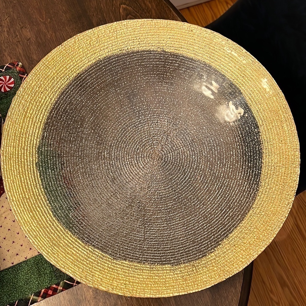 Shallow Ridged Glass Bowl With Gold Rim